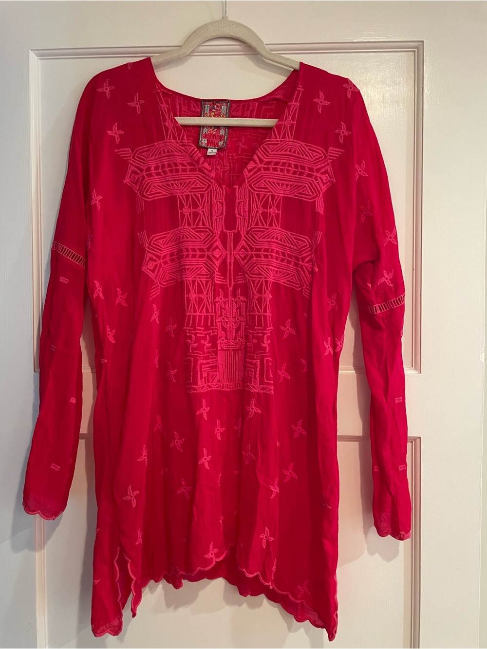 Johnny Was Embroidered Long-Sleeve Tunic in Vibrant Pink-Red